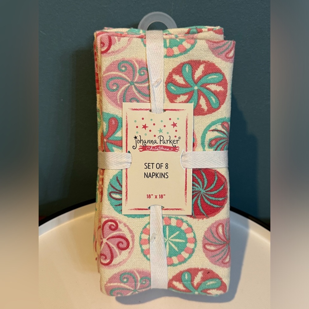 NWT Johanna Parker Christmas Fabric Napkins Set Of 8 Pastel Candy Whimsical